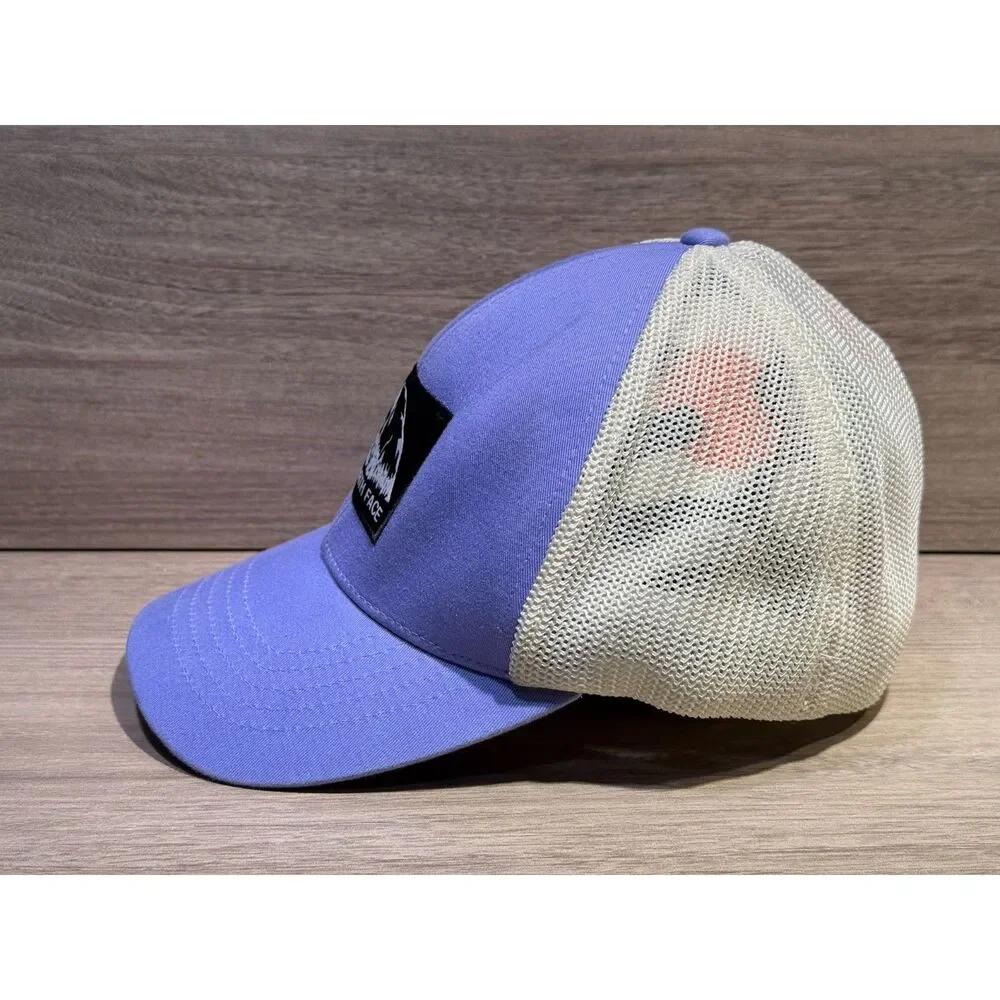 The North Face Trucker Hat Purple White Mesh FlexFit Stretch Cap Mountain Patch